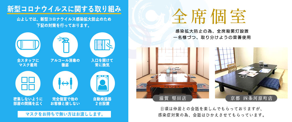 全席個室　感染拡大防止の為、全席殺菌灯設置。一名様づつ、取り分けようの菜箸使用。新型コロナウイルスに関する取り組みを行っております。